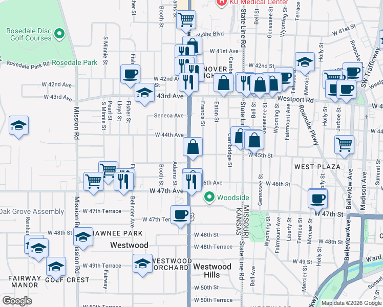 map of restaurants, bars, coffee shops, grocery stores, and more near 4462 Francis Street in Kansas City