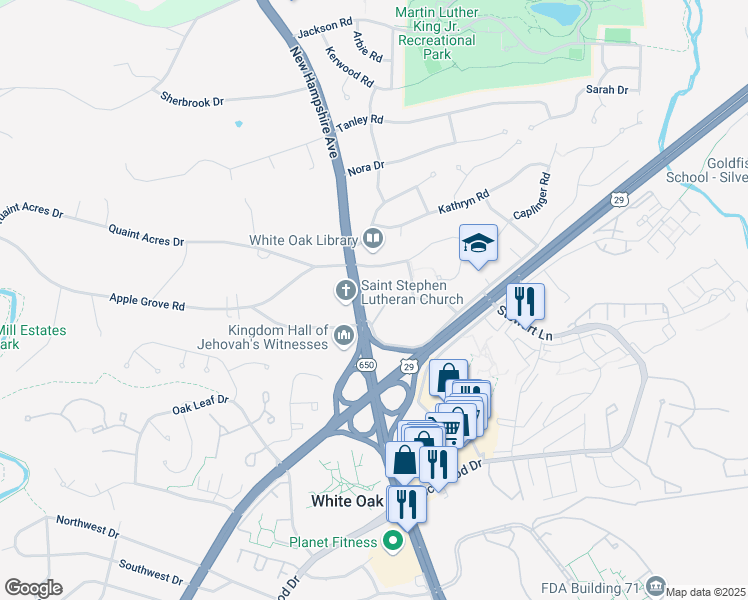 map of restaurants, bars, coffee shops, grocery stores, and more near 11607 New Hampshire Avenue in Silver Spring