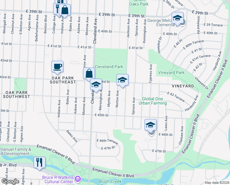 map of restaurants, bars, coffee shops, grocery stores, and more near 4333 Myrtle Avenue in Kansas City