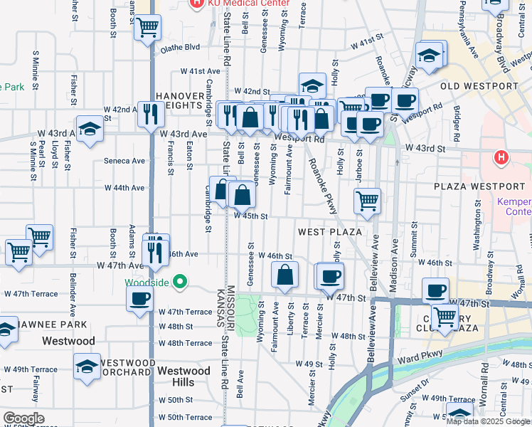 map of restaurants, bars, coffee shops, grocery stores, and more near 4442 Wyoming Street in Kansas City