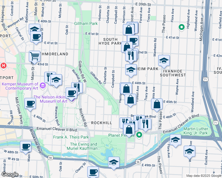 map of restaurants, bars, coffee shops, grocery stores, and more near 4416 Campbell Street in Kansas City