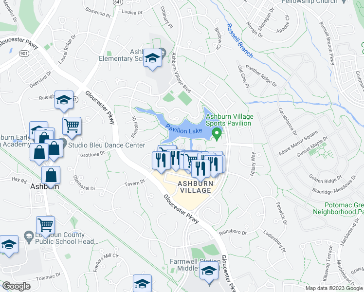 map of restaurants, bars, coffee shops, grocery stores, and more near 20604 Cornstalk Terrace in Ashburn