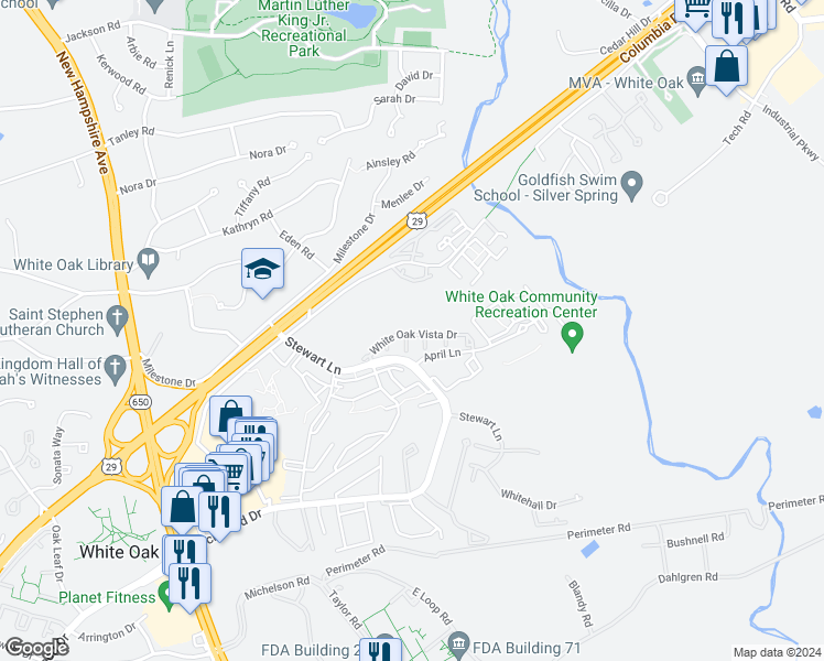 map of restaurants, bars, coffee shops, grocery stores, and more near 1632 White Oak Vista Drive in Silver Spring