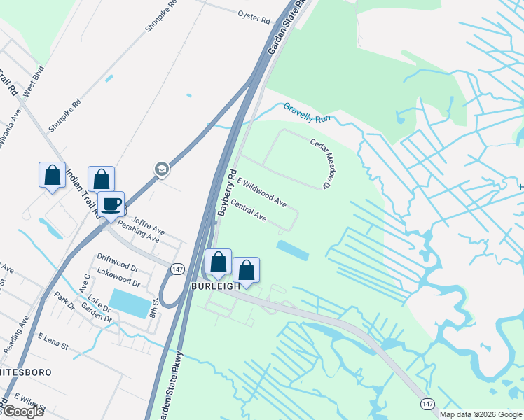 map of restaurants, bars, coffee shops, grocery stores, and more near 123 East Wildwood Avenue in Cape May County