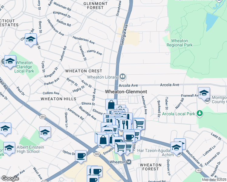 map of restaurants, bars, coffee shops, grocery stores, and more near 11608 Georgia Avenue in Silver Spring