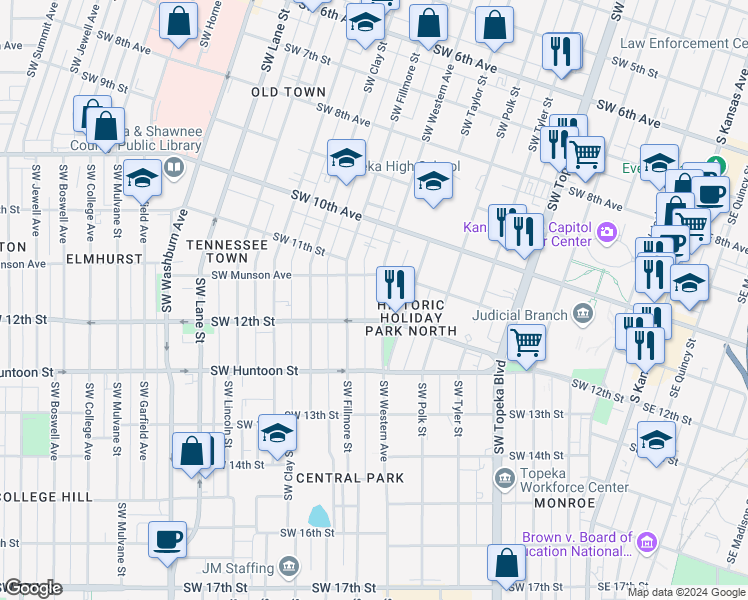 map of restaurants, bars, coffee shops, grocery stores, and more near 1121 Southwest Western Avenue in Topeka