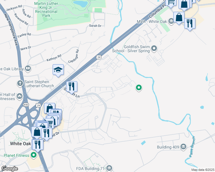 map of restaurants, bars, coffee shops, grocery stores, and more near 1668 White Oak Vista Drive in Silver Spring