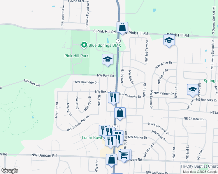 map of restaurants, bars, coffee shops, grocery stores, and more near 2408 Northwest 8 Street in Blue Springs