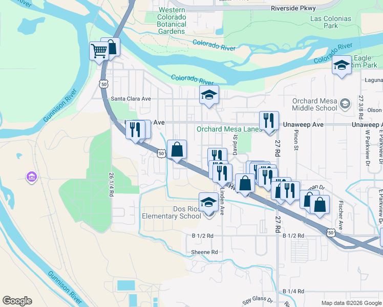 map of restaurants, bars, coffee shops, grocery stores, and more near 1922 Palmer Street in Grand Junction