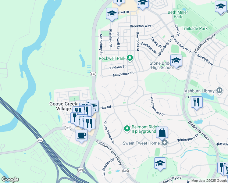 map of restaurants, bars, coffee shops, grocery stores, and more near 20621 Preakness Court in Ashburn