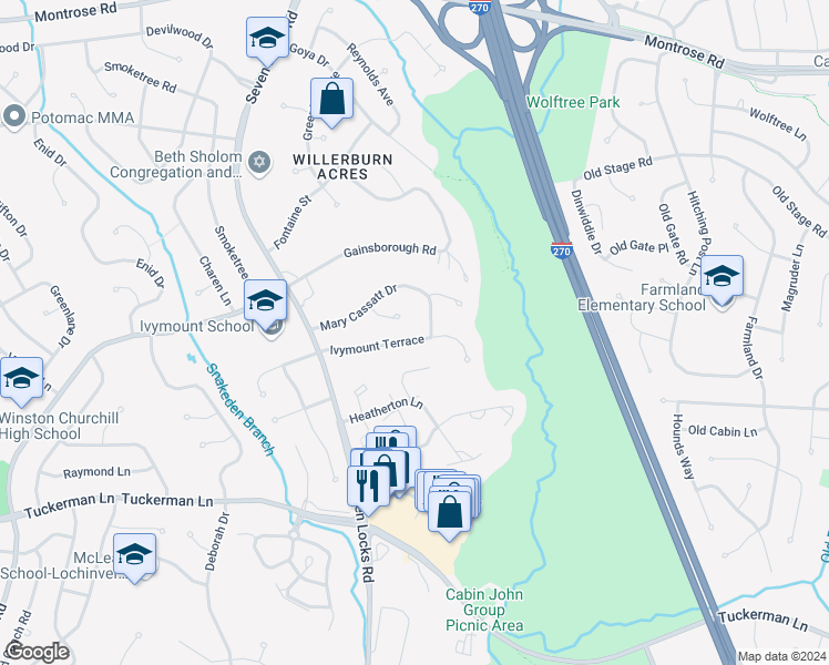 map of restaurants, bars, coffee shops, grocery stores, and more near 7805 Ivymount Terrace in Potomac