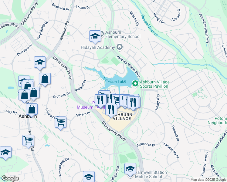 map of restaurants, bars, coffee shops, grocery stores, and more near 20594 Cornstalk Terrace in Ashburn