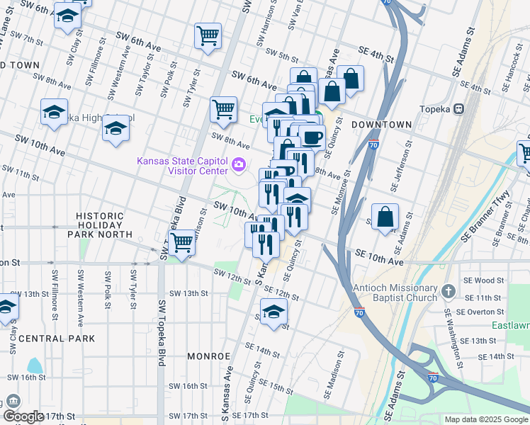 map of restaurants, bars, coffee shops, grocery stores, and more near 120 Southwest 10th Avenue in Topeka