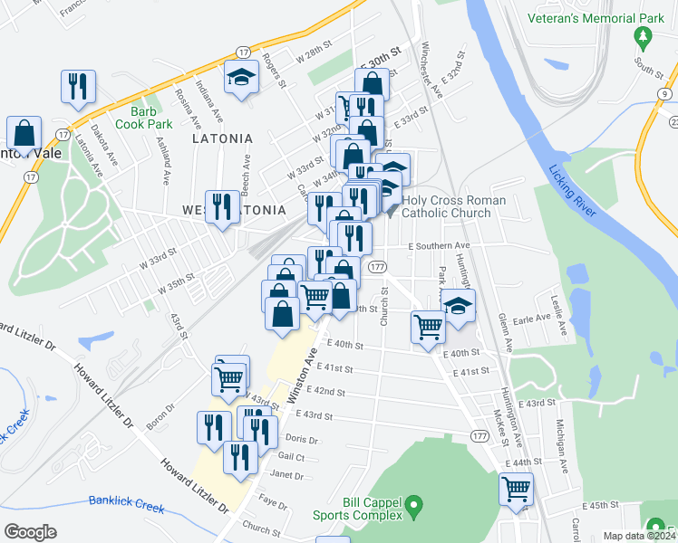 map of restaurants, bars, coffee shops, grocery stores, and more near 12 West 38th Street in Covington