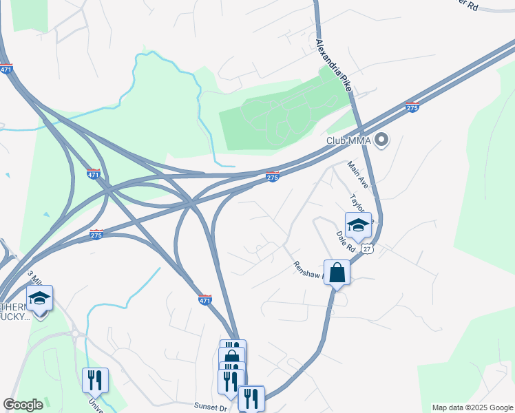 map of restaurants, bars, coffee shops, grocery stores, and more near 102 Dietrich Drive in Highland Heights