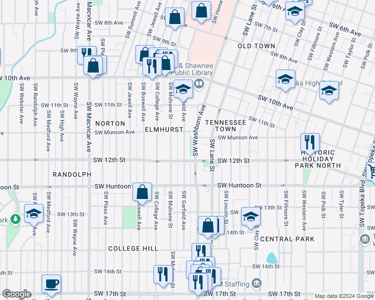 map of restaurants, bars, coffee shops, grocery stores, and more near 1182 Southwest Garfield Avenue in Topeka