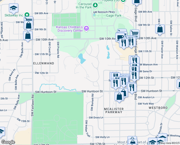 map of restaurants, bars, coffee shops, grocery stores, and more near 1208 Southwest Steeplechase Lane in Topeka