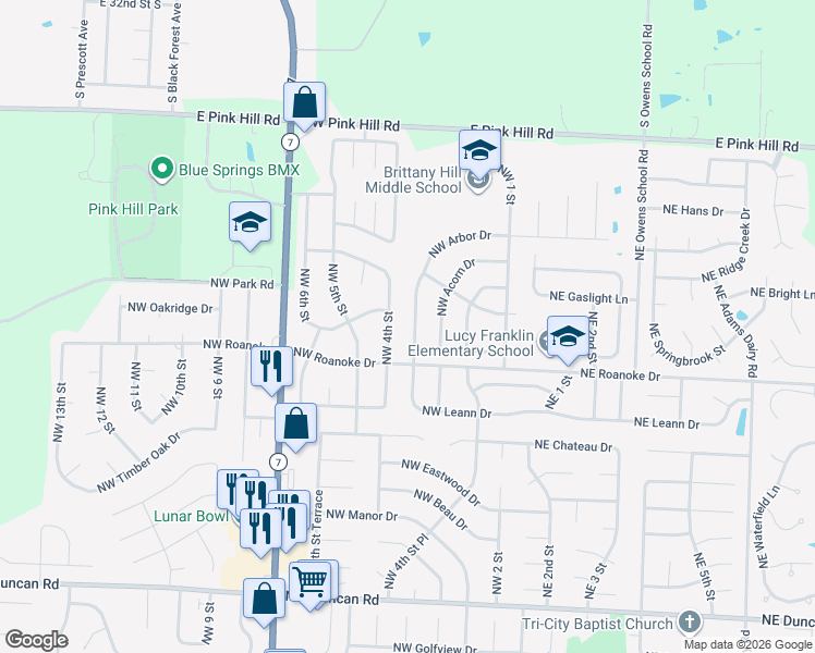 map of restaurants, bars, coffee shops, grocery stores, and more near 2421 Northwest Leann Drive in Blue Springs