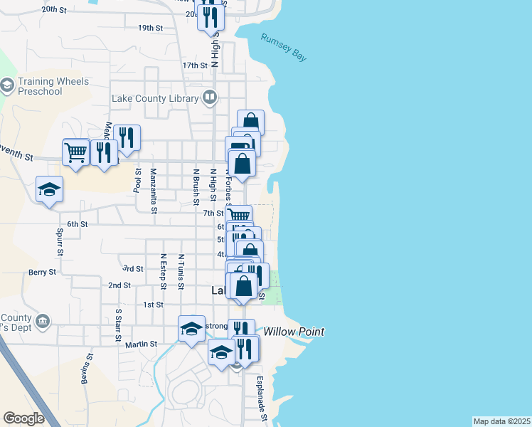 map of restaurants, bars, coffee shops, grocery stores, and more near 800 North Main Street in Lakeport