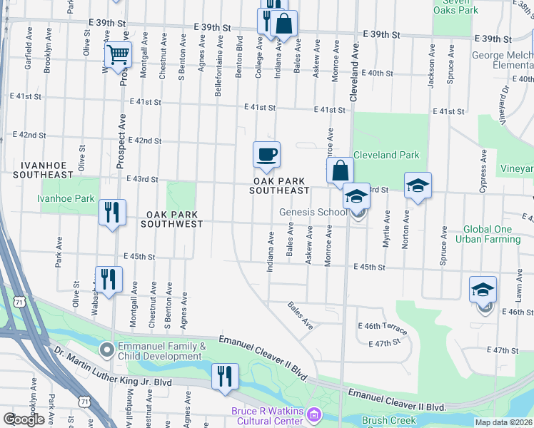 map of restaurants, bars, coffee shops, grocery stores, and more near 4336 Indiana Avenue in Kansas City