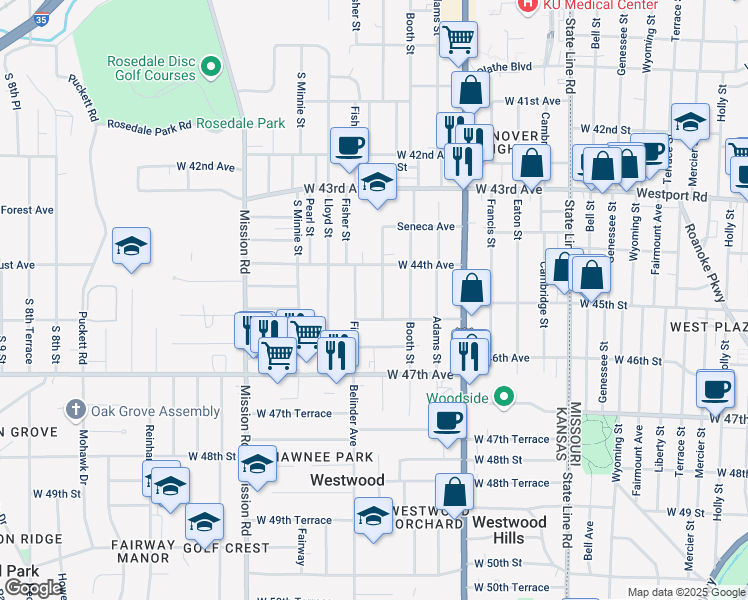 map of restaurants, bars, coffee shops, grocery stores, and more near 4456 Springfield St in Kansas City