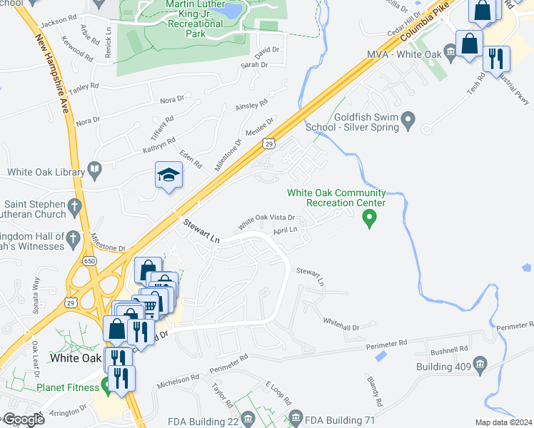 map of restaurants, bars, coffee shops, grocery stores, and more near 1634 White Oak Vista Drive in Silver Spring