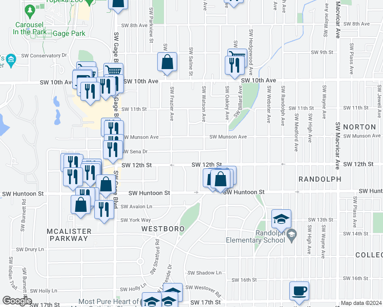 map of restaurants, bars, coffee shops, grocery stores, and more near 3215 Southwest Sena Drive in Topeka