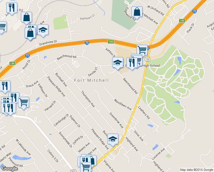 map of restaurants, bars, coffee shops, grocery stores, and more near 60 Woodlawn Avenue in Fort Mitchell