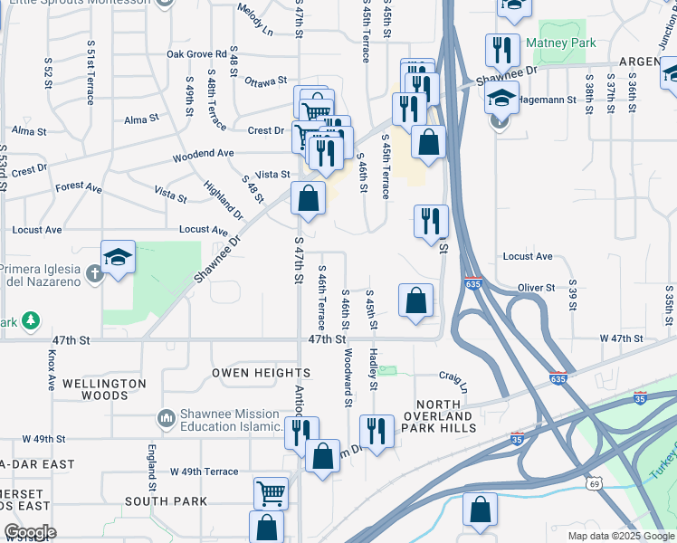 map of restaurants, bars, coffee shops, grocery stores, and more near 3028 S 46th St in Kansas City