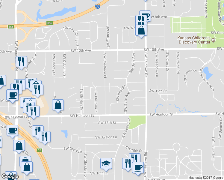 map of restaurants, bars, coffee shops, grocery stores, and more near 1152 Southwest Mifflin Court in Topeka
