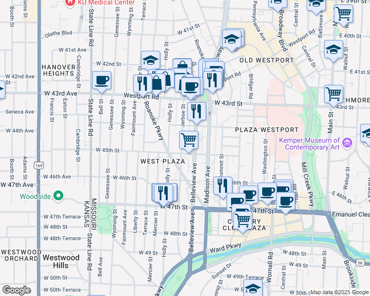 map of restaurants, bars, coffee shops, grocery stores, and more near 4441 Jarboe Street in Kansas City
