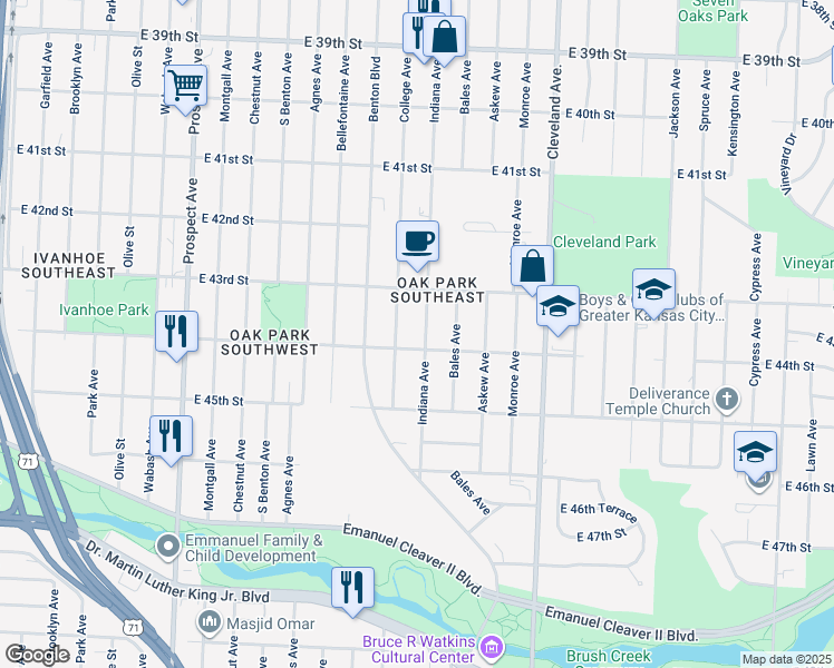 map of restaurants, bars, coffee shops, grocery stores, and more near 4336 Indiana Avenue in Kansas City