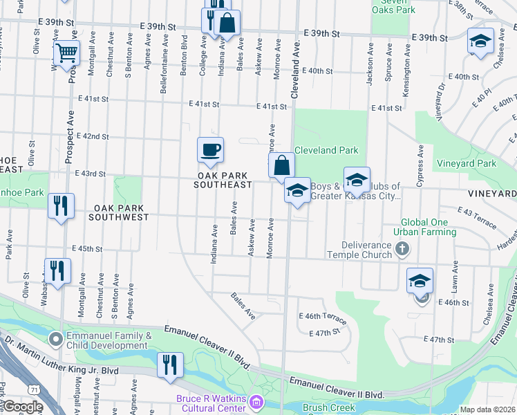 map of restaurants, bars, coffee shops, grocery stores, and more near 4333 Askew Avenue in Kansas City