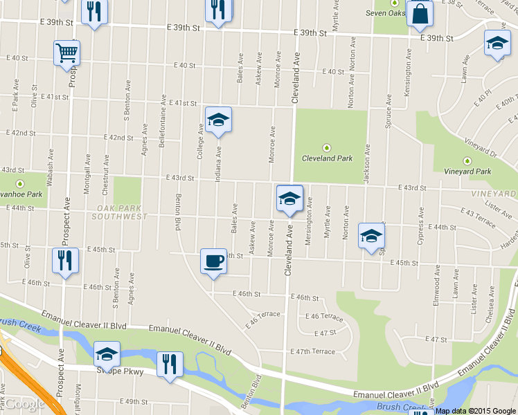 map of restaurants, bars, coffee shops, grocery stores, and more near 4333 Askew Avenue in Kansas City