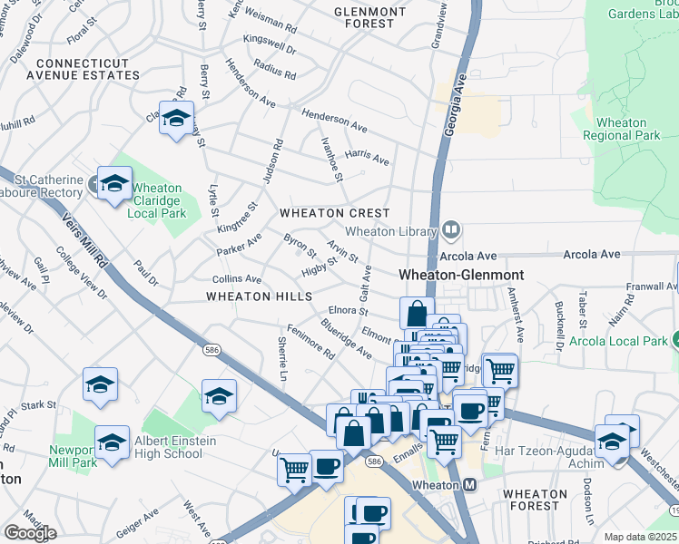 map of restaurants, bars, coffee shops, grocery stores, and more near 2705 Byron Street in Silver Spring