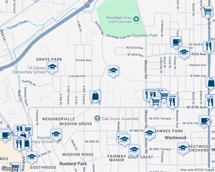 map of restaurants, bars, coffee shops, grocery stores, and more near 3027 Puckett Road in Kansas City