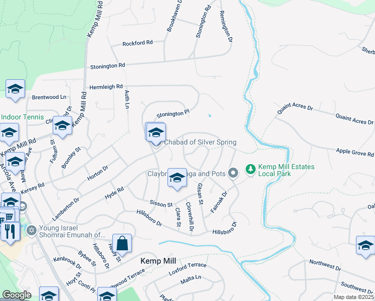 map of restaurants, bars, coffee shops, grocery stores, and more near 11521 Charlton Drive in Silver Spring