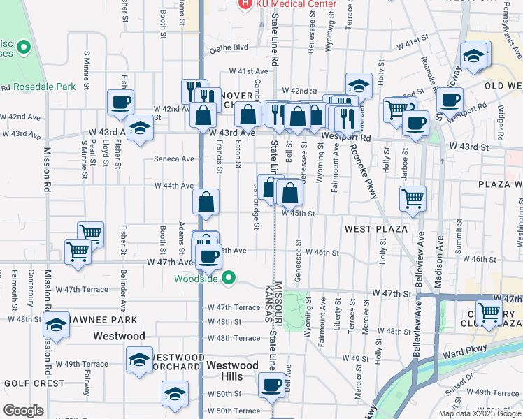 map of restaurants, bars, coffee shops, grocery stores, and more near 4461 Cambridge Street in Kansas City