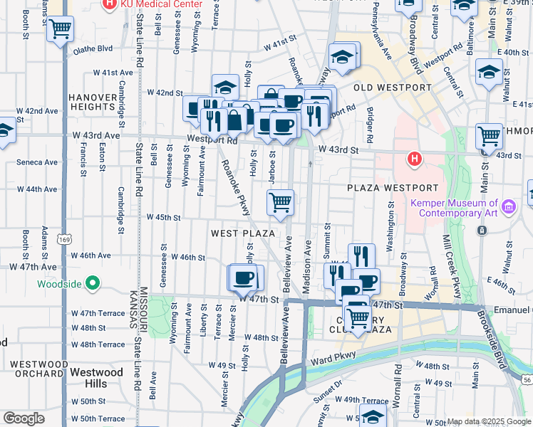 map of restaurants, bars, coffee shops, grocery stores, and more near 4440 Jarboe Street in Kansas City