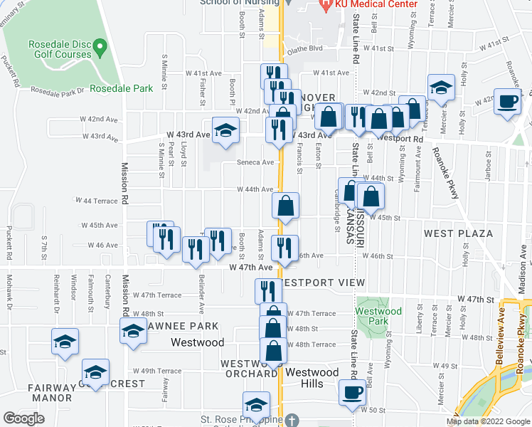 map of restaurants, bars, coffee shops, grocery stores, and more near 4466 Rainbow Boulevard in Kansas City