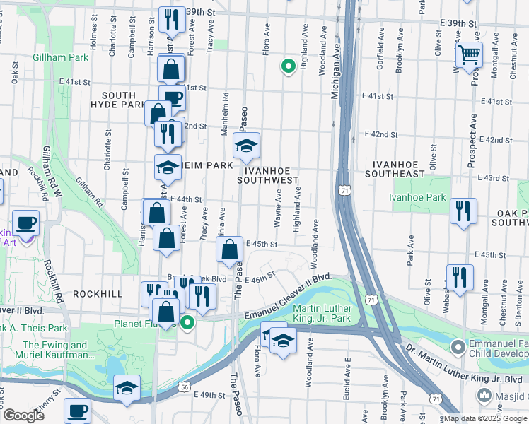 map of restaurants, bars, coffee shops, grocery stores, and more near 4404 Wayne Avenue in Kansas City