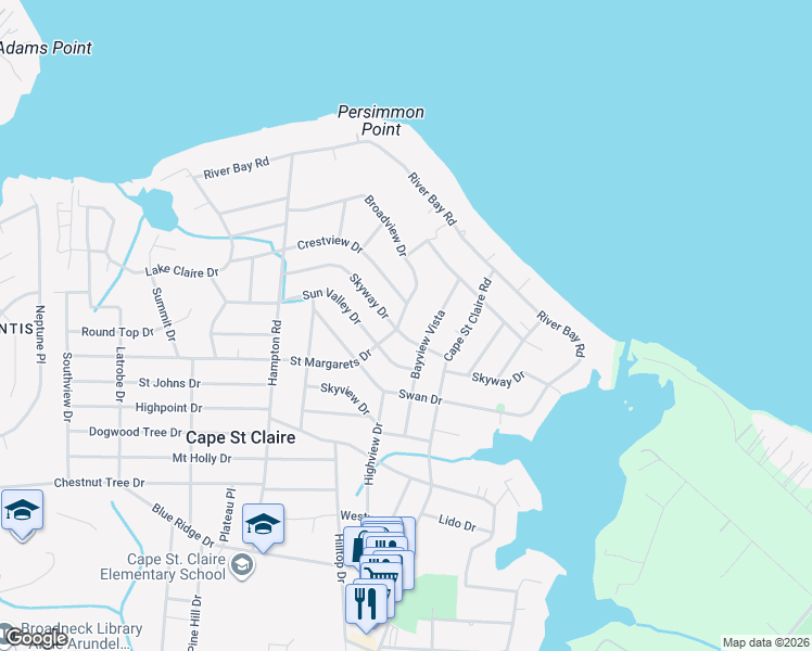 map of restaurants, bars, coffee shops, grocery stores, and more near 1045 Saint Margarets Drive in Annapolis