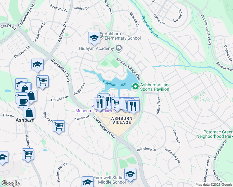 map of restaurants, bars, coffee shops, grocery stores, and more near 20596 Cornstalk Terrace in Ashburn