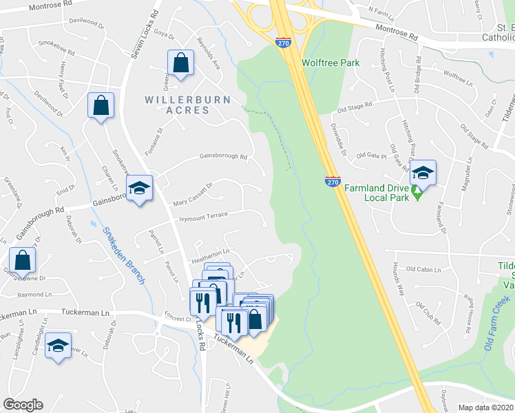 map of restaurants, bars, coffee shops, grocery stores, and more near 7715 Ivymount Terrace in Rockville