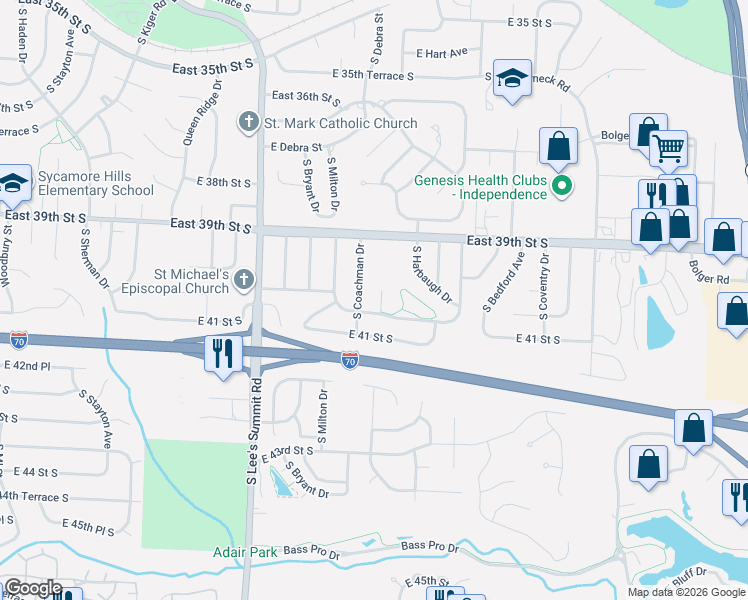 map of restaurants, bars, coffee shops, grocery stores, and more near 3945 South Coachman Drive in Independence