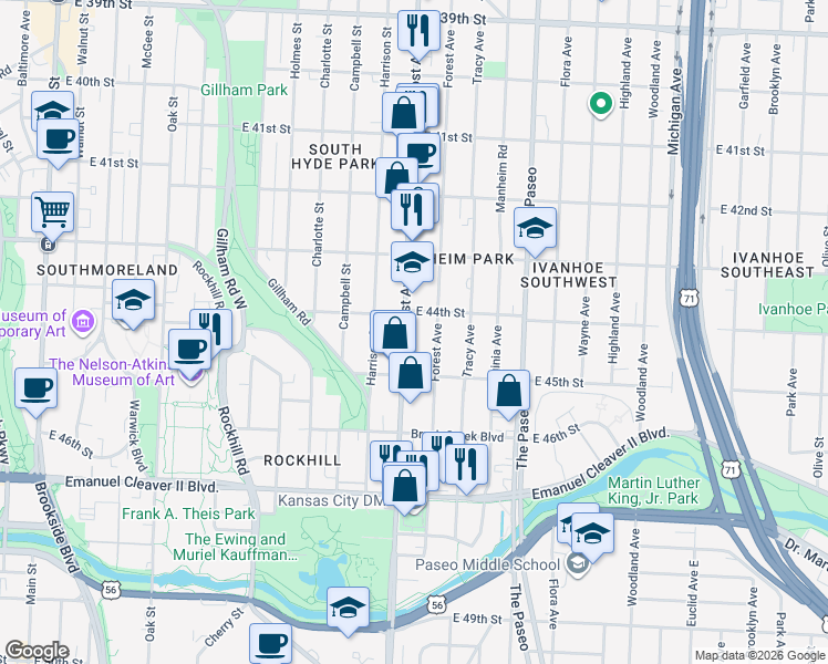map of restaurants, bars, coffee shops, grocery stores, and more near 4415 Troost Avenue in Kansas City