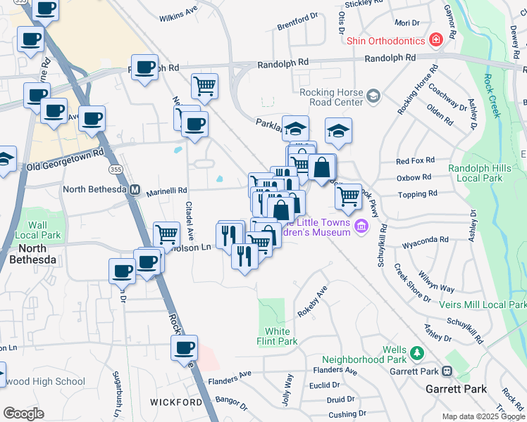 map of restaurants, bars, coffee shops, grocery stores, and more near 11613 Nebel Street in Rockville