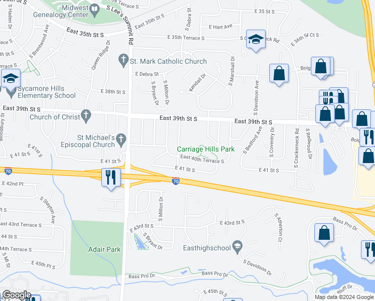map of restaurants, bars, coffee shops, grocery stores, and more near 4008 South Colonial Drive in Independence