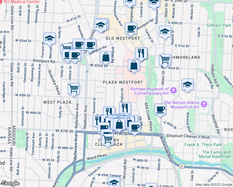 map of restaurants, bars, coffee shops, grocery stores, and more near 4435 Pennsylvania Avenue in Kansas City