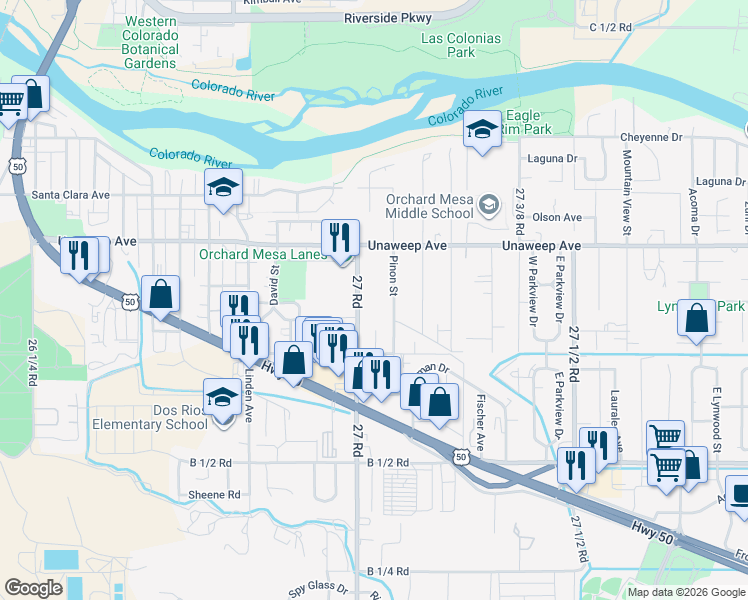 map of restaurants, bars, coffee shops, grocery stores, and more near 286 27 Road in Grand Junction